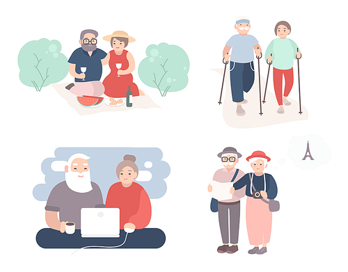Set of happy elderly couple. Grandparents in different situations collection. Active lifestyle of old people. Colorful vector illustration in cartoon style
