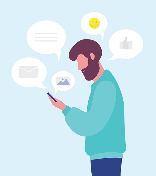 Bearded man chatting online or texting on smartphone or mobile phone. Internet communication on social network and media, instant messaging. Colorful vector illustration in flat cartoon style