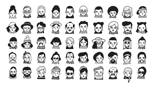 Big set of people avatars for social media, website. Doodle portraits fashionable girls and guys. Trendy hand drawn icons collection. Black and white vector illustration