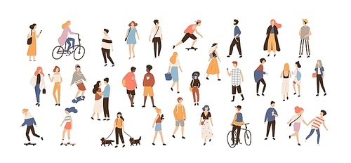 Crowd of people performing summer outdoor activities - walking dogs, riding bicycle, skateboarding. Group of male and female flat cartoon characters isolated on white . Vector illustration.