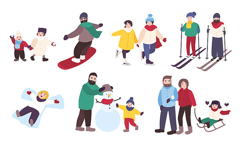 Set of winter games. Different people entertainment in winter sports. Friends, couples with children skate, ski, snowboard, make snowman. Colorful vector illustration in cartoon style