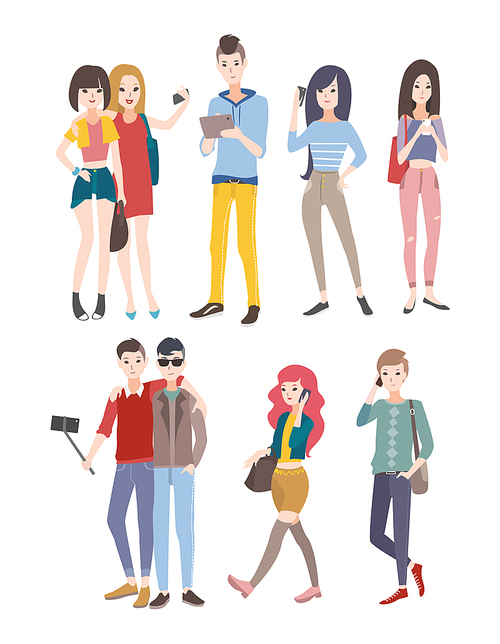 Set young people, guys and girls, communicating by phone and other gadgets. Colorful flat illustration