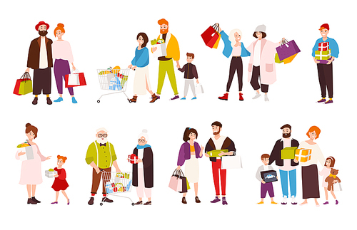 Collection of happy people carrying their purchases. Set of smiling flat cartoon characters of different age with shopping bags. Men, women and children with boxes and bags. Vector illustration