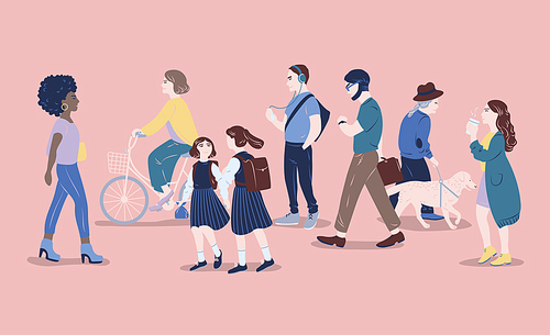 People on street. Men and women of different age passing by, walking, standing, riding bicycle, listen to music. Modern city dwellers, urban lifestyle. Hand drawn vector illustration
