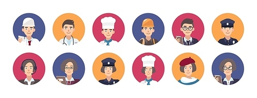 Collection of portraits of smiling people of various professions. Set of cute male and female cartoon characters of different occupation inside round frames. Flat colorful vector illustration.