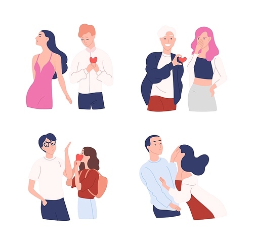 Collection of women and men trying to present their hearts to beloved one. Unrequited, one-sided or rejected love. Male and female cartoon characters isolated on white . Vector illustration.