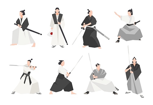 Collection of samurai isolated on white . Set of male Japanese warriors wearing various clothes, standing in different postures and holding katana swords. Flat cartoon vector illustration
