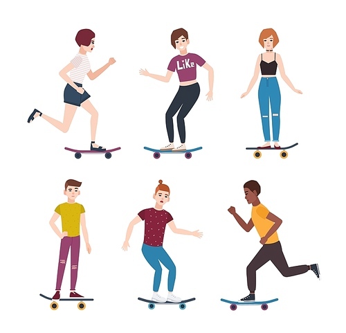 Collection of modern teenage skater boys and girls riding skateboards. Set of young teenagers skateboarding. Cute cartoon characters isolated on white . Vector illustration in flat style
