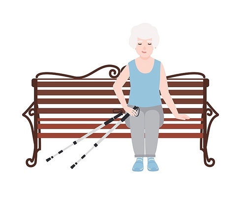 Happy old women dressed in sports clothing sitting on bench with poles for nordic walking. Rest or break during outdoor activity. Cartoon character isolated on white . Vector illustration.