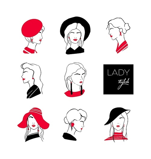 Collection of heads or faces of stylish lady with elegant hairstyles wearing various hats and earrings. Set of stylized outline portraits of young woman with trendy accessories. Vector illustration.