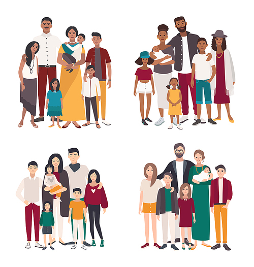 Set of large family portrait. Different nationalities african, indian, european, asian mother, father and five children. Happy people with relatives. Colorful flat vector illustration