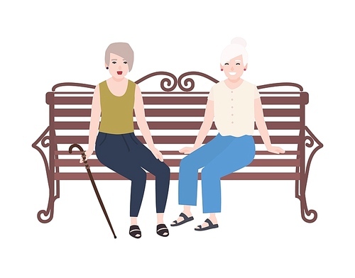 Pair of smiling elderly women sitting on bench and talking. Happy meeting of two old ladies or friends. Cute flat female cartoon characters isolated on white . Colorful vector illustration.