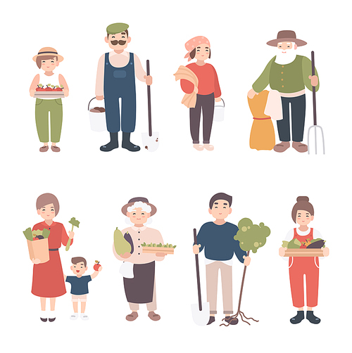 Set of village people. Different young, adult, old farmers and kids. Happy man and woman with seedlings, crops, tools. Colorful vector illustration in cartoon style