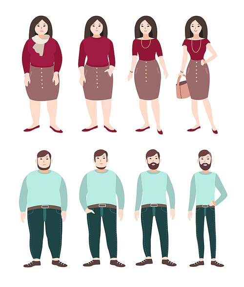 Fat and slim people. Woman and man figure. Weight loss concept. Colorful flat illustration.