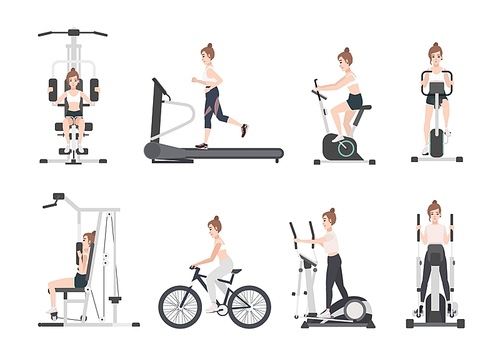 Young woman dressed in fitness apparel doing sports training on exercise machines at gym. Female cartoon character during power and weight loss workout. Front and side views. Flat vector illustration.