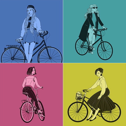 Collection of beautiful women dressed in clothes of different styles riding bicycles. Set of female characters on bikes drawn with contour lines on bright colored background. Vector illustration