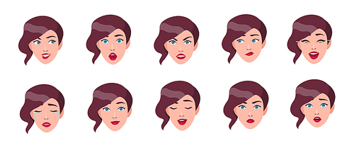 Set of woman s emotions. Girl face with different facial expression collection. Colorful vector illustration in flat style