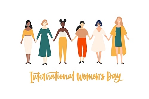 International Women's Day banner, placard or greeting card template with smiling young girls or feminists holding hands and standing together. Flat vector illustration for 8 march celebration