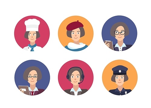 Bundle of round portraits of happy people of different professions. Collection of cute female cartoon characters of various occupations inside circular frames. Vector illustration in flat style