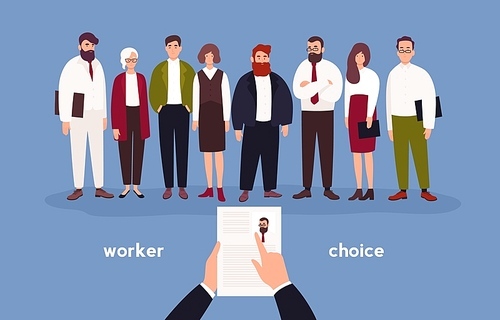 People dressed in office clothing standing in row in front of person with CV in hands. Concept of choice of worker, staff recruitment or employee hiring. Flat cartoon colorful vector illustration.