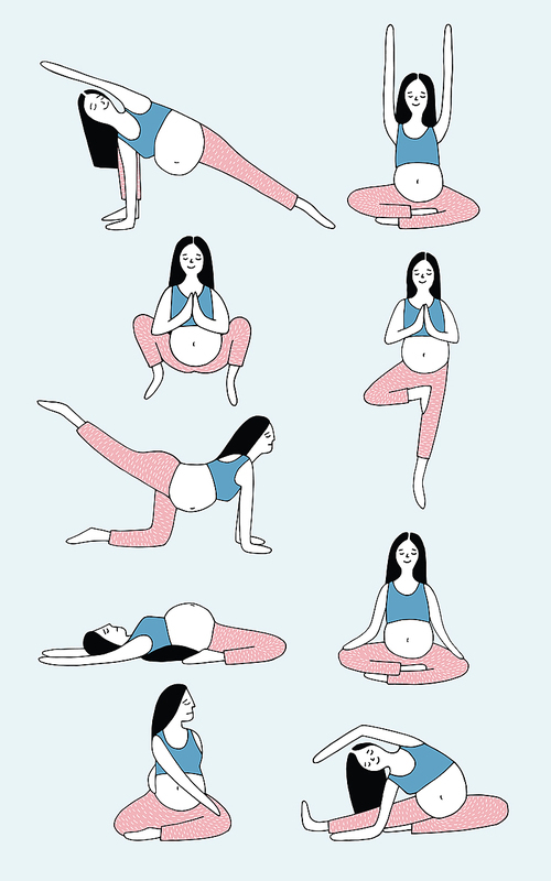 Girl in different asanas. Set of yoga poses for pregnant woman. Hand drawn vector illustration.