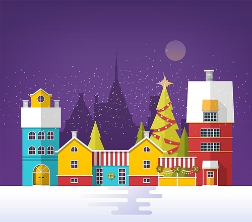 Evening winter urban landscape with old city, town or village. Snowy cityscape with buildings and trees decorated for Christmas or New Year celebration. Colored vector illustration in flat style