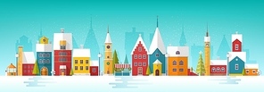 Snowy cityscape or landscape with town. City street with facades of antique towers and buildings decorated for New Year or Christmas celebration. Colored holiday vector illustration in flat style