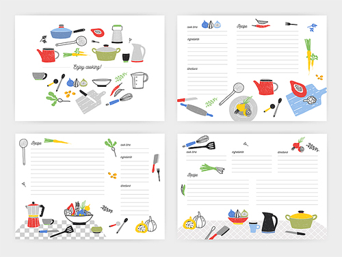 Collection of card templates for making notes about preparation of food. Blank recipe book or cookbook pages decorated with colorful kitchen utensils and cooking ingredients. Vector illustration