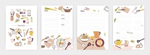 Collection of recipe card or sheet templates for making notes about meal preparation and cooking ingredients. Empty cookbook pages decorated with colorful crockery and vegetables. Vector illustration