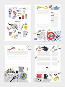 Set of vertical card templates for making notes about cooking homemade meals and food preparation. Blank recipe book pages decorated with kitchen utensils, ingredients and spices. Vector illustration