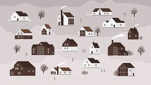 Banner with various country houses of modern Scandinavian architecture and walking people. Background with town buildings, suburb or village. Monochrome vector illustration in flat cartoon style.