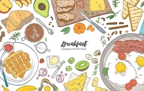Horizontal banner or background with frame consisted of various breakfast meals and wholesome morning food - croissant, fried eggs, toasts, fruits. Vector illustration for restaurant advertisement.