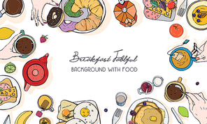 Horizontal advertising banner on breakfast theme. Backdrop with drink, pancakes, sandwiches, eggs, croissants and fruits. Top view. Colorful vector hand drawn background with place for text