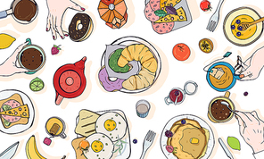 Horizontal advertising illustration on breakfast theme. Colorful vector hand drawn table with drink, pancakes, sandwiches, eggs, croissants and fruits. Top view