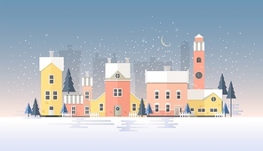 Horizontal winter cityscape with town in snowfall. Landscape with night city street, beautiful old buildings, towers and fir trees covered with snow. Colorful vector illustration in flat style.