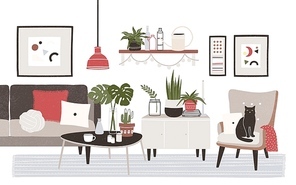 Living room full of cozy furniture and home decorations - sofa, armchair, coffee table, shelf, wall pictures, potted plants. Apartment furnished in modern Scandinavian style. Flat vector illustration.