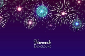 Beautiful background with spectacular fireworks bursting in dark night sky. Backdrop with festive colorful flashing lights. Holiday event celebration, pyrotechnics show. Vector illustration.