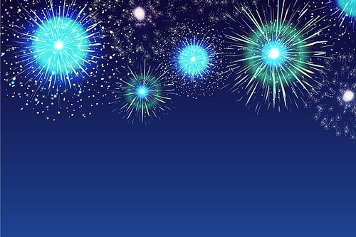 Horizontal blue background with fireworks displaying in dark evening sky. Backdrop decorated with glittering lights. Festival celebration, eye-catching pyrotechnics show. Colorful vector illustration.