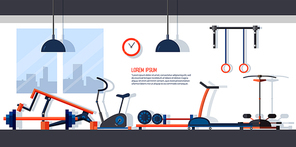 Horizontal banner with gym interior. Backdrop with sports equipments. Colorful vector template in flat style with place for text