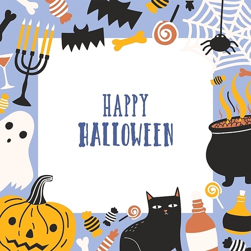 Square greeting card or postcard template decorated with frame consisted of spooky creatures, Jack-o'-lantern, sweets and Happy Halloween wish. Colorful vector illustration in flat cartoon style.