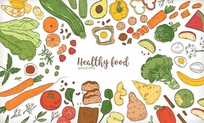 Horizontal banner with frame consisted of different healthy or wholesome food, fruit and vegetable slices, nuts, eggs and bread hand drawn on white background. Bright colored vector illustration.