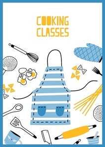 Flyer or poster template with kitchen utensils, tools and equipment for meals preparation. Colored vector illustration in flat style for cooking school, classes or lessons advertising, promo