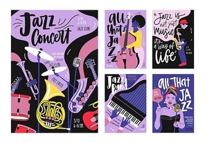 Bundle of poster, invitation and flyer templates for jazz music festival, concert, party with musical instruments, musicians and singers. Vector illustration in modern trendy hand drawn cartoon style.