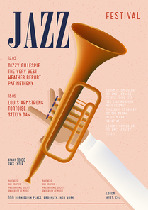 Jazz poster. Template for musical concert placard. Vertical mockup with trumpet and place for text