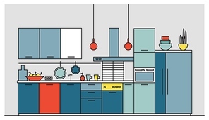 Kitchen full of modern furniture, household appliances, cookware, cooking facilities, equipment and home decorations. Elegant interior. Colorful vector illustration in trendy line art style.