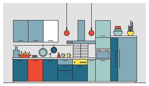 Kitchen full of modern furniture, household appliances, cookware, cooking facilities, equipment and home decorations. Elegant interior. Colorful vector illustration in trendy line art style.