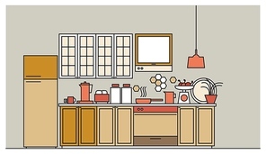 Stylish interior of modern furnished kitchen with cupboards, electronic appliances, cookware, cooking utensils and facilities, home decorations. Colored vector illustration in trendy linear style.