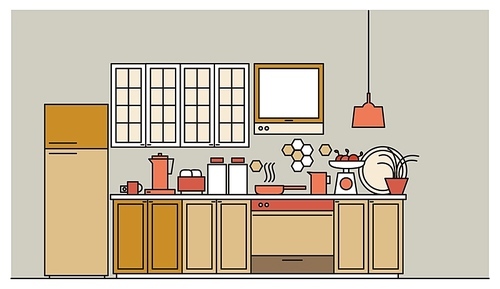 Stylish interior of modern furnished kitchen with cupboards, electronic appliances, cookware, cooking utensils and facilities, home decorations. Colored vector illustration in trendy linear style.