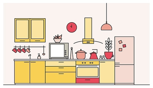 Trendy interior of kitchen full of modern furniture, household appliances, cookware, cooking facilities, tools, equipment and home decorations. Colorful vector illustration in modern line art style