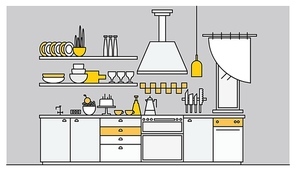 Fancy interior of kitchen furnished with electronic household appliances, cookware, cooking utensils and facilities. Scandinavian home design. Modern vector illustration in trendy linear style